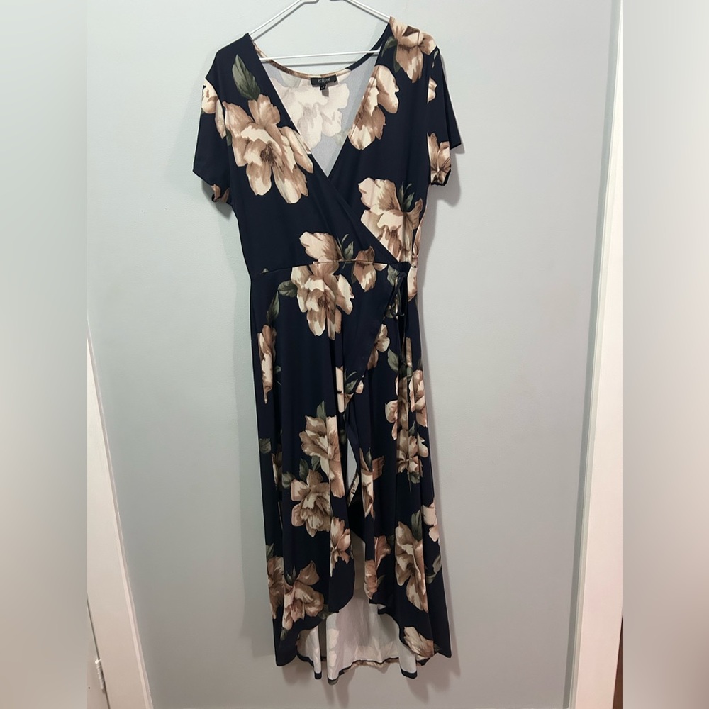 Eclipse Navy Blue Floral High Low  Faux Wrap Dress